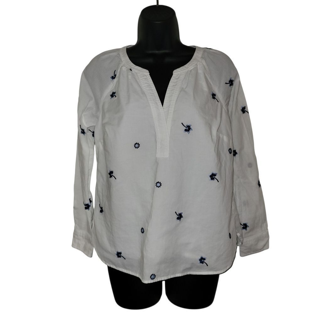 Talbots White Blouse with Navy Embroidery